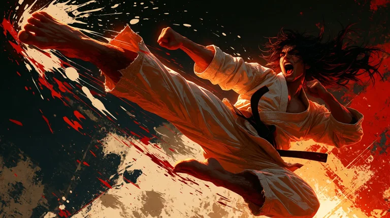 1man, Wearing Karate Gi In Cream White With Black Belt Doing...