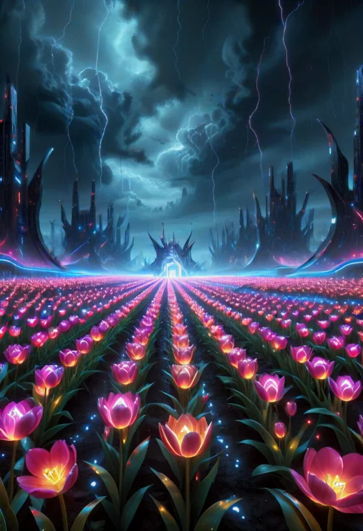 Create A Vast Tulip Field Under A Dark, Ominous Gray Stormy...