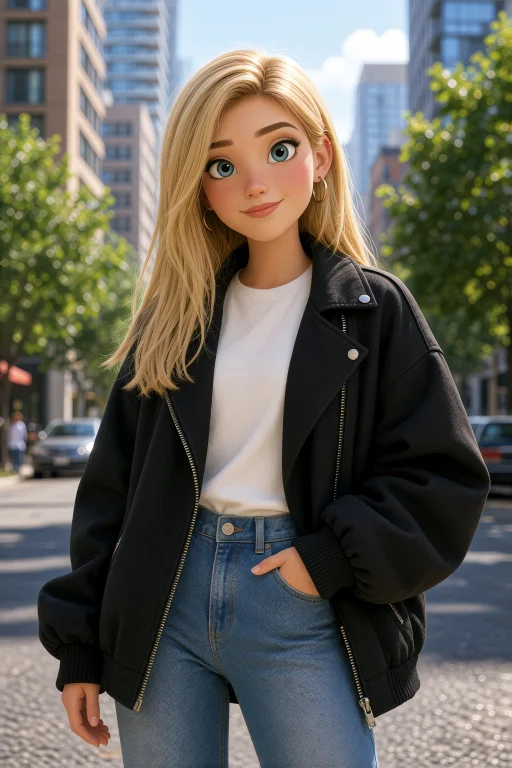 Stylish Young Woman With Straight Blonde Hair And Blue Eyes,...