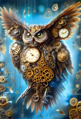 Wise Owl Formed From Steampunk Clockwork, Feathers Made Of L... — SDXL AI Prompt: wise owl formed from steampunk clockwork, feathers made of layered brass cogs an...