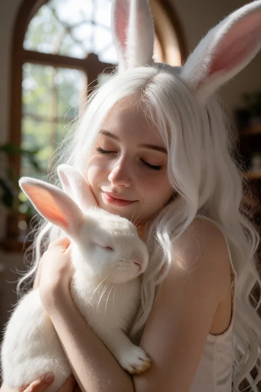 Photograph Of A Young Woman With Pale Skin, Long Wavy White...