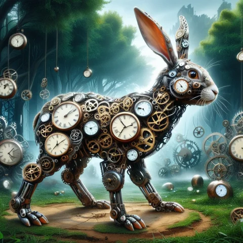 Metal Gears,clock, An Animal, Rabbit, Rabbit Shaped1.5,outdo... — SDXL AI Prompt: Metal gears,clock, an animal, ((rabbit, rabbit shaped:1.5)),outdoor, aesthetic,f...
