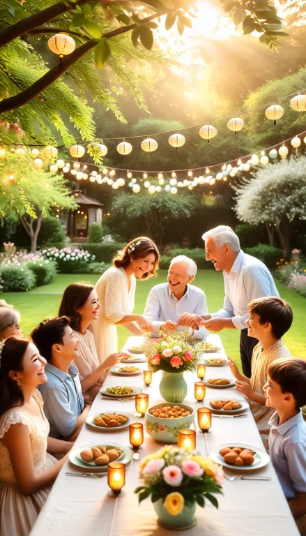 A Beautiful Family Party In A Lush Garden At Golden Hour, Fi...
