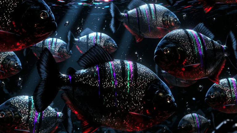 Dark Anime-style Close-up Inside A Huge Deep Aquarium At Nig...