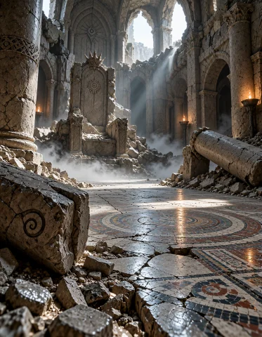 3xpl0r3 Dung30n, Photorealistic, The Same Colossal Ruined Th... — Stable Diffusion AI Prompt: 3xpl0r3 dung30n, photorealistic, the same colossal ruined throne room, diagonal...