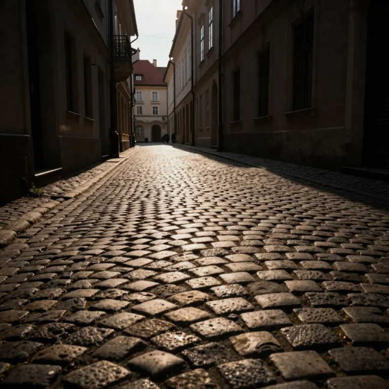An Old European Street Of Worn Cobblestones, Spotlight, Low...
