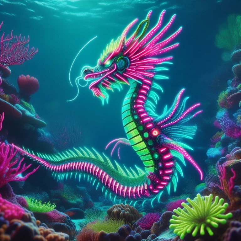 An Underwater Sea Dragon Coiled Around A Reef, High-fantasy...