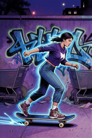 Rockstyle, A 90s Comic-book Style Illustration Of A Skater R... — Stable Diffusion AI Prompt: rock_style, a 90s comic-book style illustration of a skater rolling past a graff...