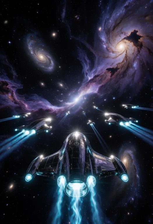 Fleet Of Futuristic Interstellar Spacecraft, Sleek Chrome Hu...