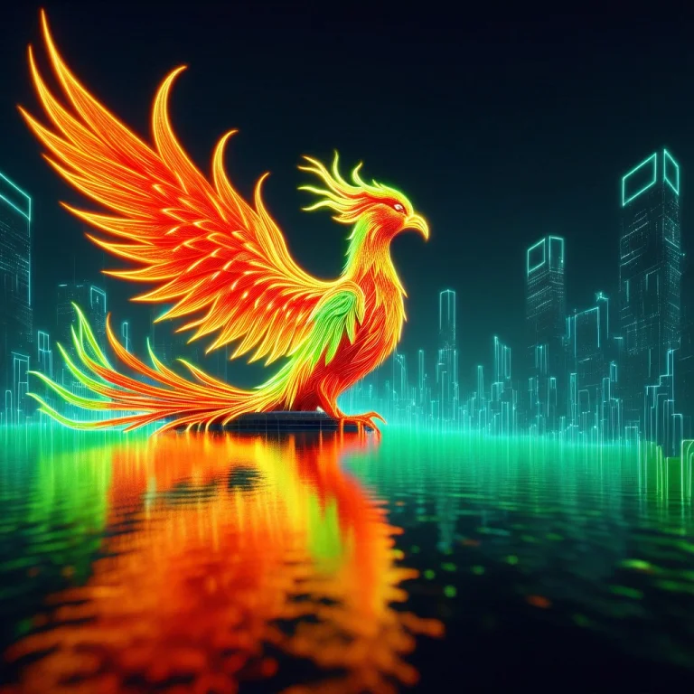 A Majestic Phoenix Bird Made Of Pure Neon Glow, Wings Constr...
