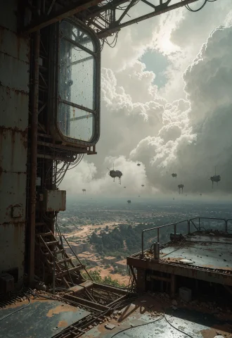 This Is A Post-apocalyptic Scene Viewed From A High Vantage... — Stable Diffusion AI Prompt: This is a post-apocalyptic scene viewed from a high vantage point. The image is...