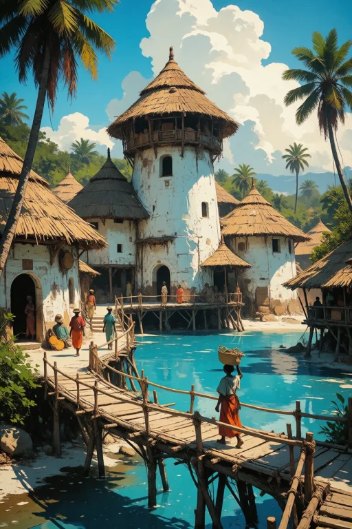 Nature, A Vibrant Concept Art Painting Of A Bustling African...