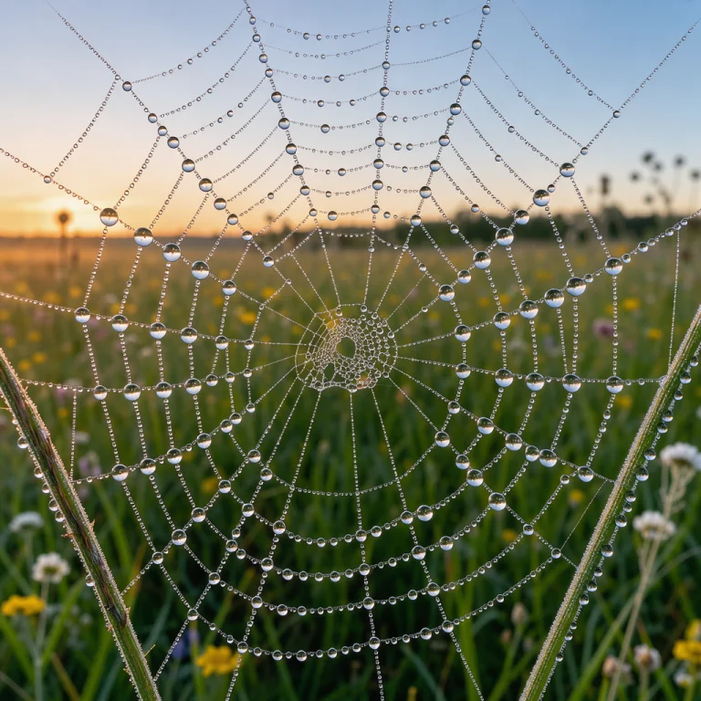 Macro Photograph Of A Dew-covered Spider Web At Sunrise, Eac...
