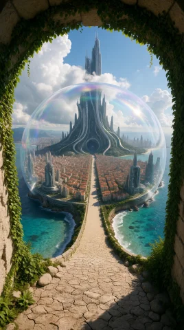 Epic Sci-fi Fantasy Scene From High Angle Through A Green-co... — Stable Diffusion AI Prompt: Epic sci-fi fantasy scene from high angle through a green-covered stone archway,...
