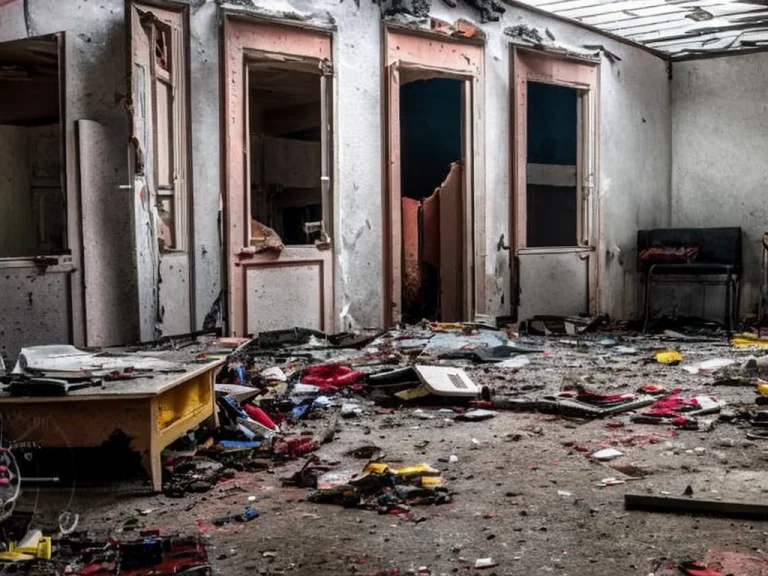A Police Station In A City With Smashed Furniture And Bloods...