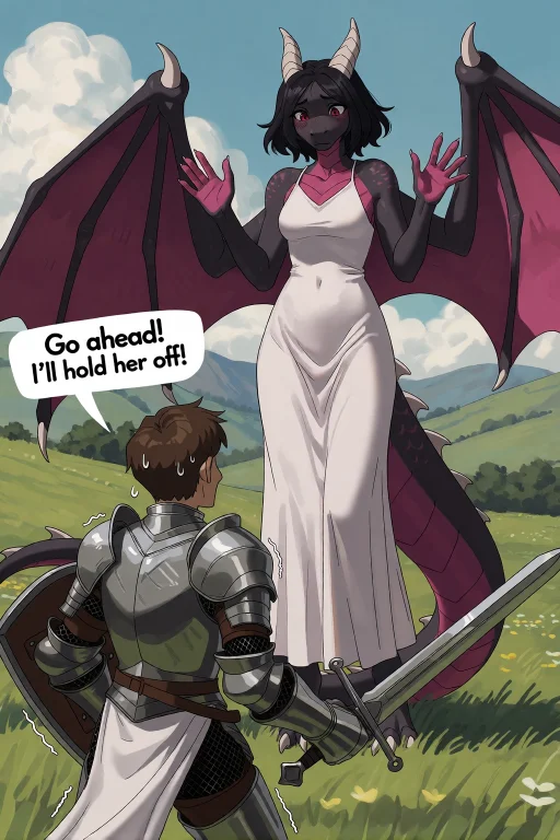 This Picture Shows A Knight Standing Against A Dragon Woman....