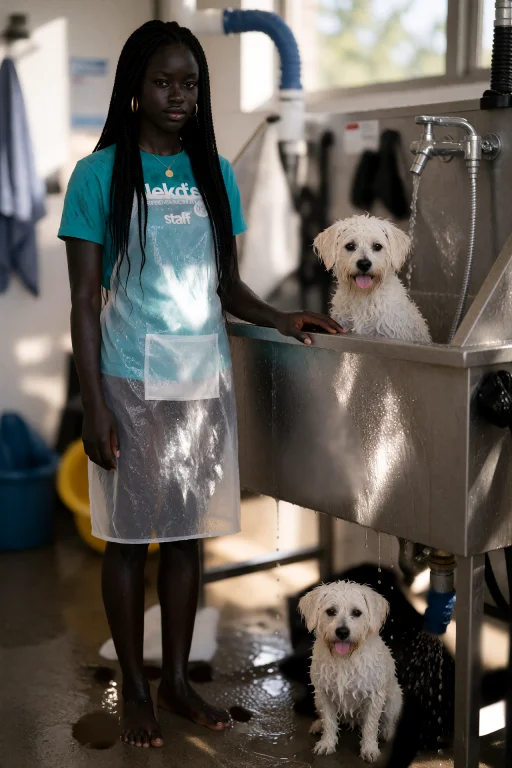 Alekdeng, Animal Shelter Worker Wearing A Soaked Teal Staff...