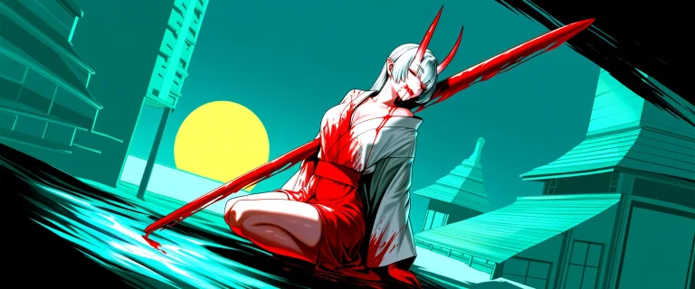 A Porcelain-skinned Oni Woman In A Kimono, Blood Dripping Fr...