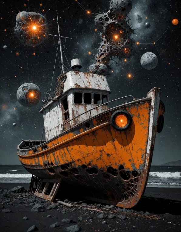 An Abandoned Fishing Boat Stranded On A Dark Shoreline With...