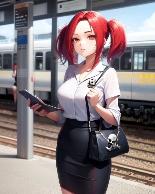 1girl, Red Hair, Red Eyes, Twintails, Employee Uniform, Penc...