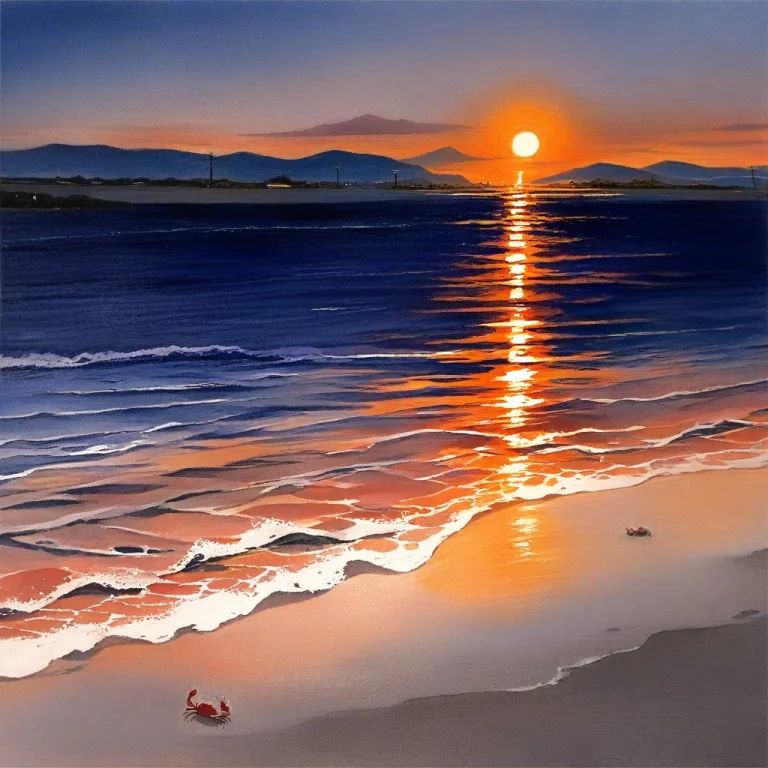 A Crab Fortress Marching Along A Black Beach, Gouache Painti...