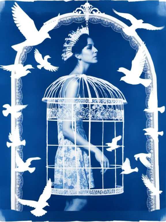 Cyanotype,a Striking Cyanotype Photograph Featuring A Womans...