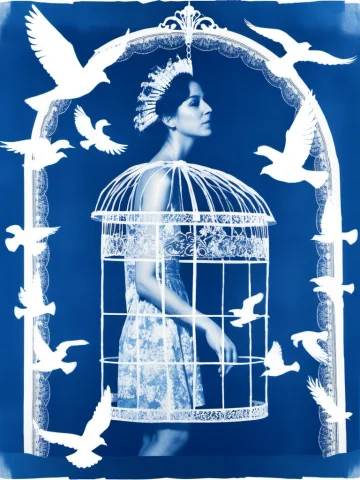 Cyanotype,a Striking Cyanotype Photograph Featuring A Womans... — Stable Diffusion AI Prompt: cyanotype,A striking cyanotype photograph featuring a woman's serene portrait fa...