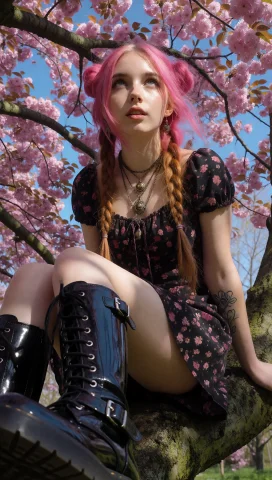 A Young Woman With Bright Pink Hair Styled In Two Buns With... — Stable Diffusion AI Prompt: A young woman with bright pink hair styled in two buns with long red braids hang...