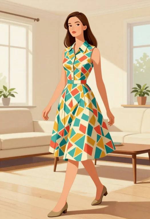 Stylized Mid-century Fashion Illustration, Semi-realistic Pa...