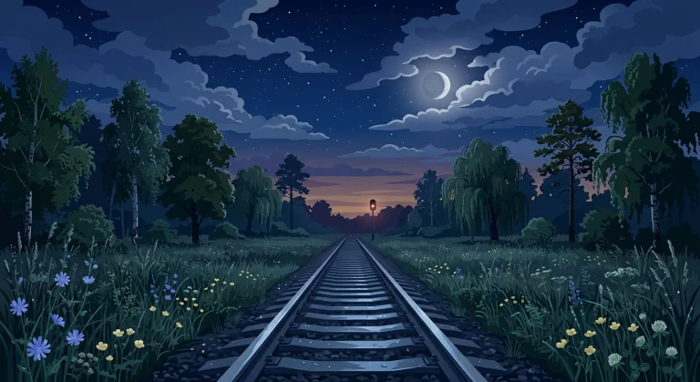 A Quiet Railway Line Disappearing Deep Into The Night Throug...