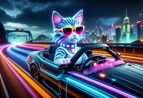A Cool Cat Made Of Glowing Led Lights Wearing Sunglasses Dri... — SDXL AI Prompt: A cool cat made of glowing led lights wearing sunglasses driving a convertible o...