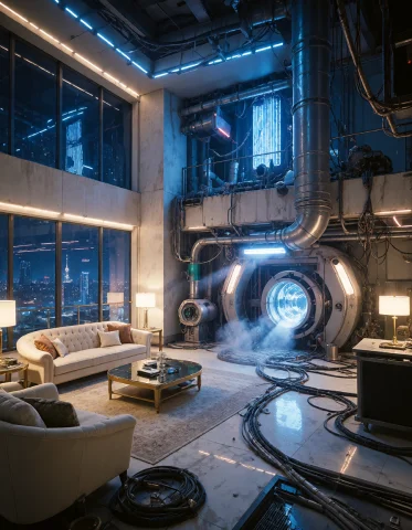 Loratraining2617621-20260929140444642-wtin1 Z1os, Luxurious... — Stable Diffusion AI Prompt: z1os, luxurious futuristic penthouse slowly overtaken by industrial machinery,...