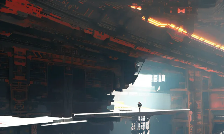 A Woman Standing In A Sci-fi Hangar With White Walls And A C...