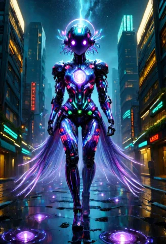 Cybernetic Axolotl-humanoid Hybrid, Translucent Skin With Em... — SDXL AI Prompt: Cybernetic axolotl-humanoid hybrid, Translucent skin with embedded circuitry, pu...