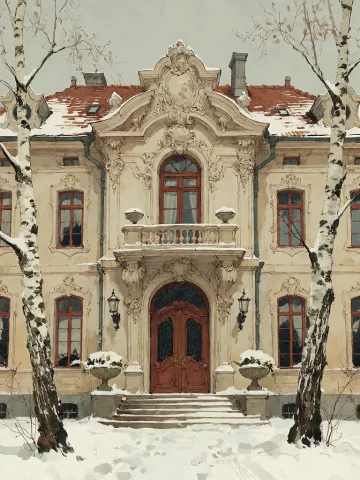 Bradhamel Art Style. A Grand, Ornate European Manor House In... — Stable Diffusion AI Prompt: Bradhamel art style. A grand, ornate European manor house in winter, painted in...