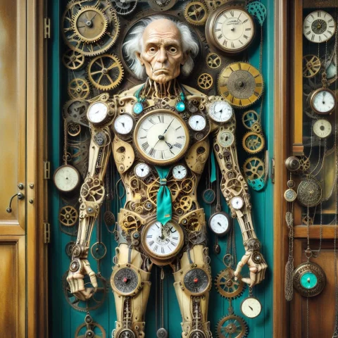 A Grandfather Clock With A Weary, Wrinkled Face, Mechanical... — SDXL AI Prompt: A grandfather clock with a weary, wrinkled face, mechanical arms, and a coffee m...
