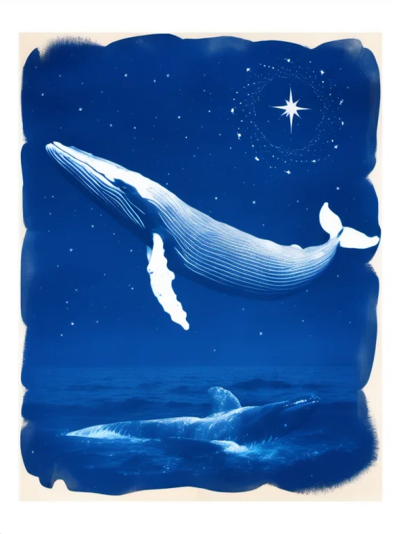 Cyanotype, Whale Swimming Through Night Sky, Stars, Constell...