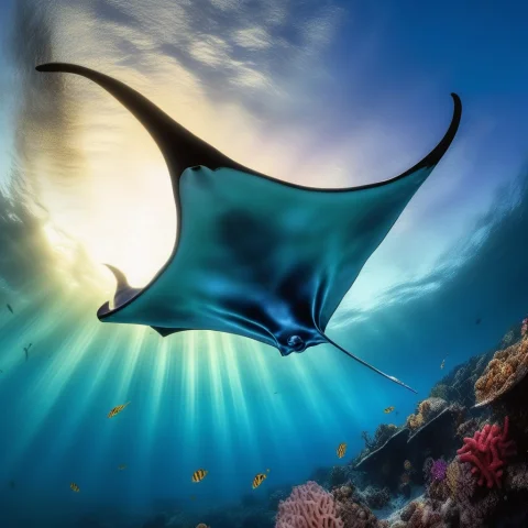 A Manta Ray Gliding Over A Sunlit Reef, Photorealistic, Twil... — SDXL AI Prompt: a manta ray gliding over a sunlit reef, photorealistic, twilight glow, sharp foc...