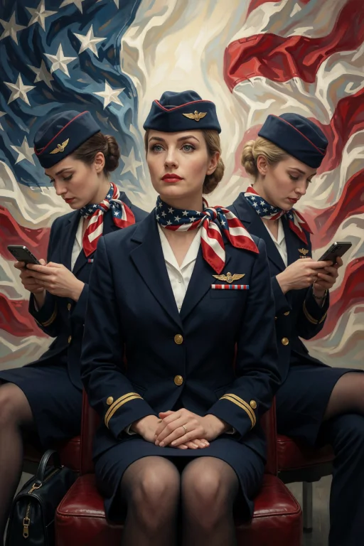 A Flight Attendant In A Navy Uniform Sits Facing Forward Wit...