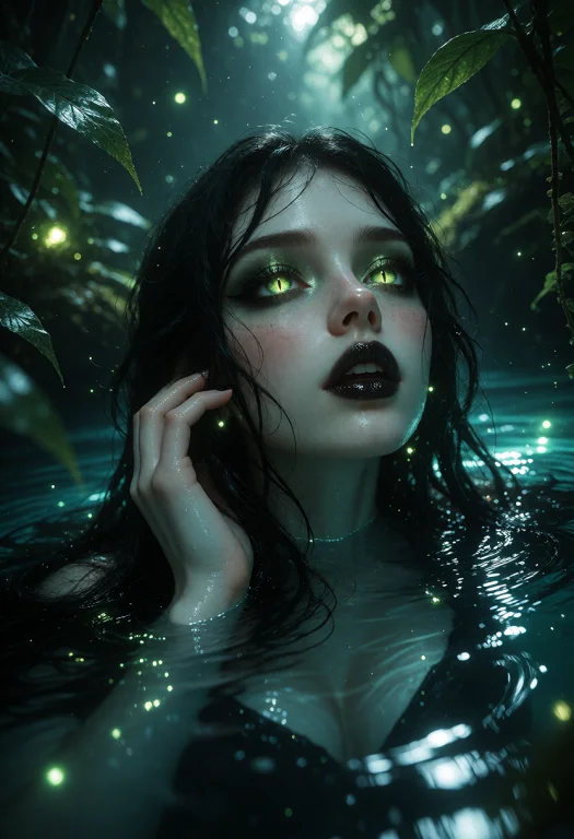 Pale Skin, Long Black Hair Wet And Flowing, Green Eyes With...