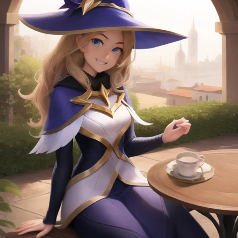 Wizard Hat, Alternate Costume, Table, Sitting, Smile, Teeth,... — Stable Diffusion AI Prompt: wizard hat, alternate costume, table, sitting, smile, teeth, looking at viewer,...