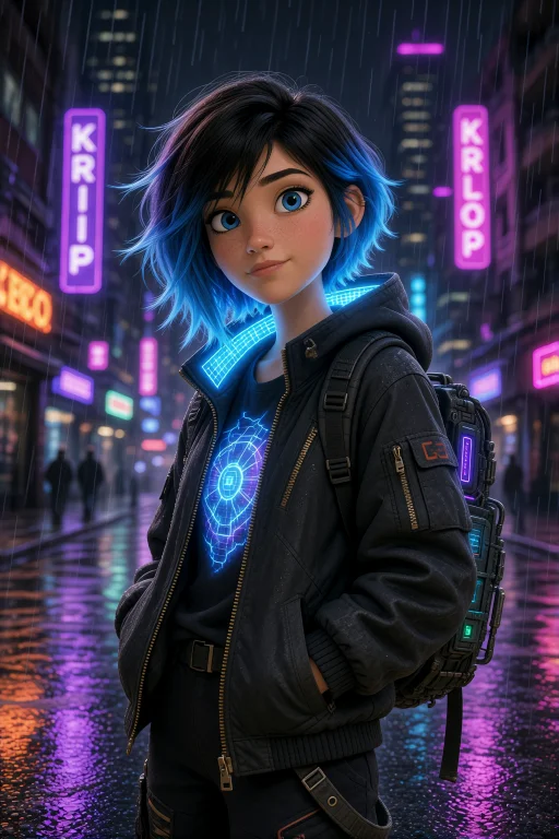 Young Cyberpunk Woman, Short Black Hair With Electric Blue H...