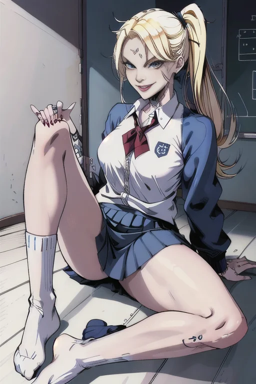 A Girl Sitting On Floor, Evil Smile, Blonde Long High Ponyta...