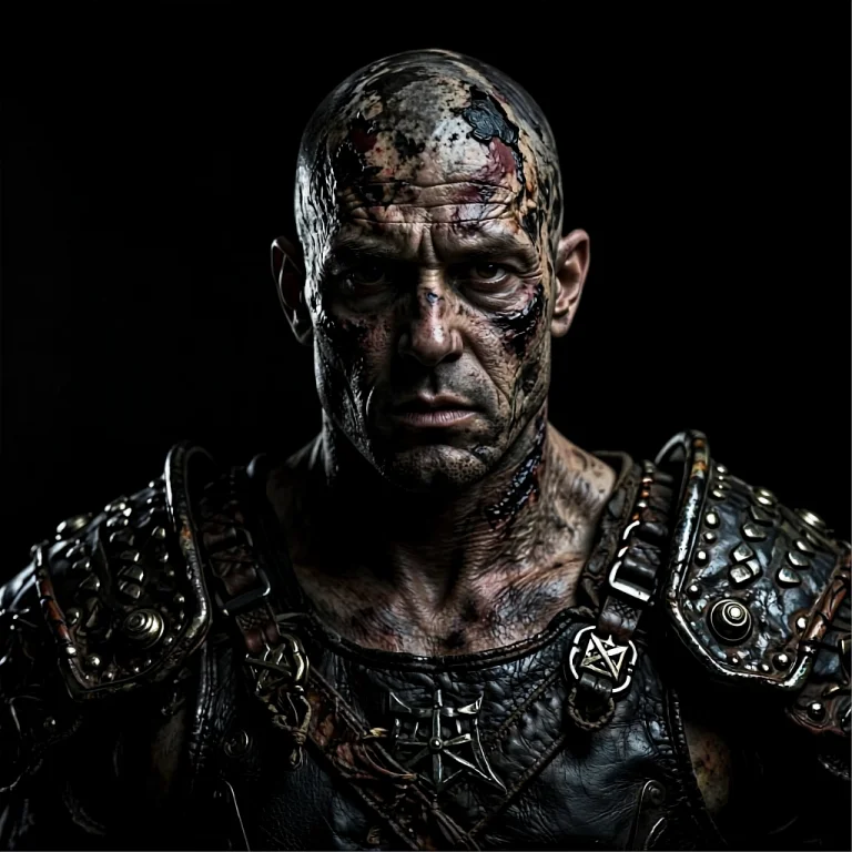 Ancient Battle-scarred Warrior, Callused Leather Skin, Deep...