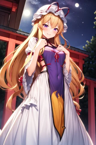 Masterpiece, Bestquality, 1girl, Solo, Yakumo Yukari, Shrine... — Stable Diffusion AI Prompt: masterpiece, best_quality, 1girl, solo, yakumo yukari, shrine, night, flowing dr...