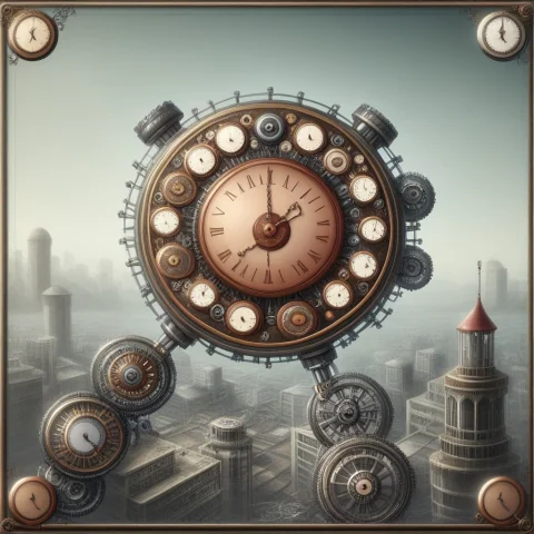 City Clock Faces Circular Dials With Hands And Numerals. Me... — SDXL AI Prompt: City Clock faces — Circular dials with hands and numerals. Metal gears — Interlo...
