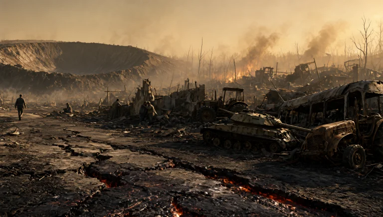 The Image Is A Wide, Photorealistic Scene Of A Post-apocalyp...