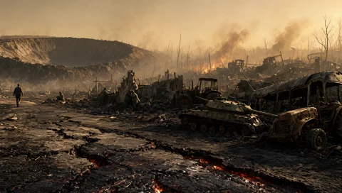 The Image Is A Wide, Photorealistic Scene Of A Post-apocalyp... — Stable Diffusion AI Prompt: The image is a wide, photorealistic scene of a post-apocalyptic world, rendered...