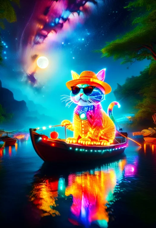 Led, Colorful Led Lights, A Cat Made Of Led Wearing Sunglass...