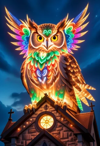 A Majestic Owl, On A Church Steeple, Made Of Colorful Led Li... — SDXL AI Prompt: A majestic owl, on a church steeple, made of colorful LED lights, at night, glow...